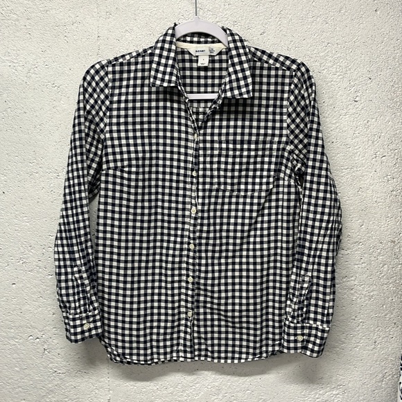 Old Navy The Classic Short Navy Blue Gingham Check Cotton Button Down Small - Picture 2 of 7